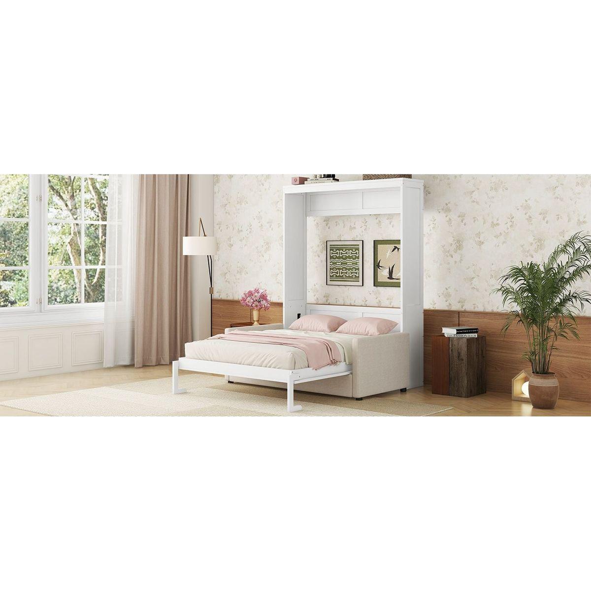 Queen Size Murphy Bed Wall Bed with Cushion, White