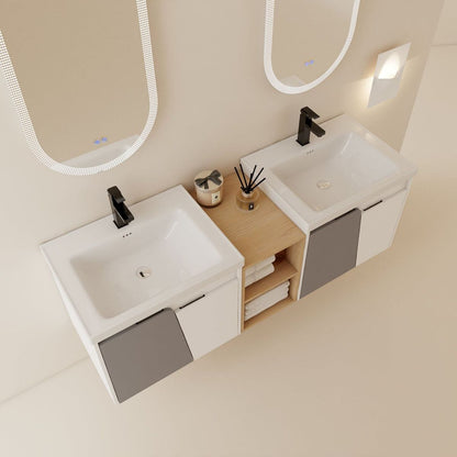 60 Inch Wall-Mounted Bathroom Vanity With Sink,, and A Small Storage Shelves (KD-Packing)