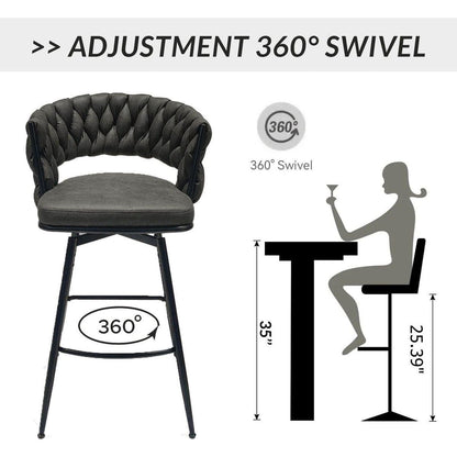 Technical Leather Woven Bar Stool Set of 2,Black legs Barstools No Adjustable Kitchen Island Chairs,360 Swivel Bar Stools Upholstered Counter Stool Arm Chairs with Back Footrest, (Tan)