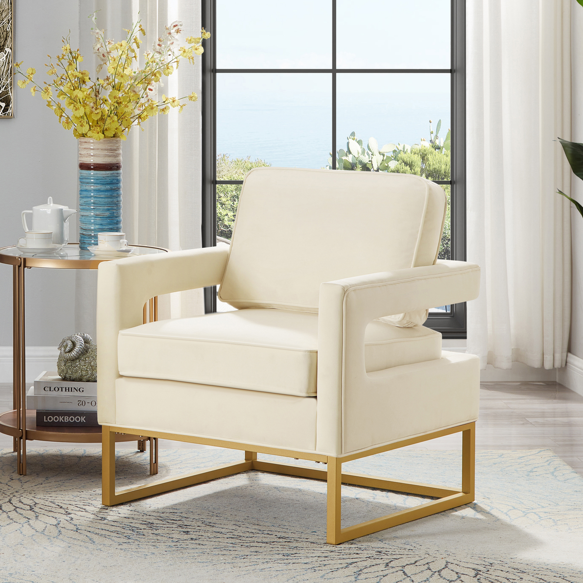 Modern Style Accent Chair with Gold Metal Base, Velvet Upholstered Leisure Chair with Open Armrest, Armchair, Cream