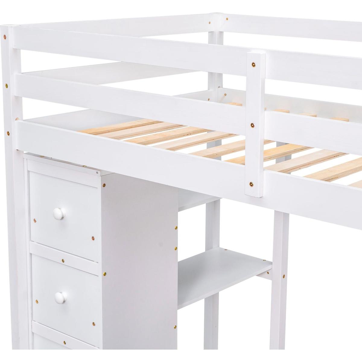 Twin size Loft Bed with Storage Drawers, Desk and Stairs, Wooden Loft Bed with Shelves - White