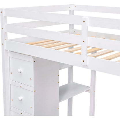 Twin size Loft Bed with Storage Drawers, Desk and Stairs, Wooden Loft Bed with Shelves - White