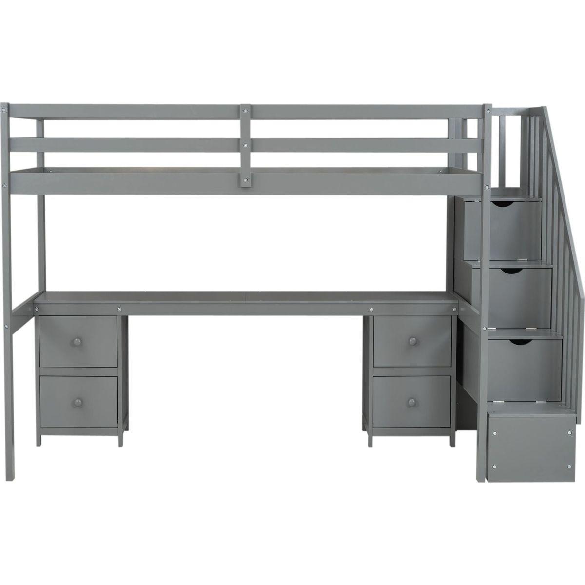 Twin Size Loft Bed Frame with Built-in Desk and Double Storage Drawers,Gray