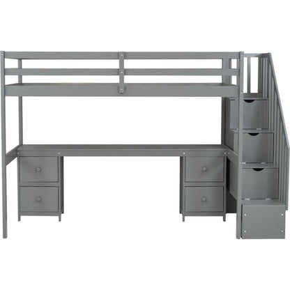 Twin Size Loft Bed Frame with Built-in Desk and Double Storage Drawers,Gray
