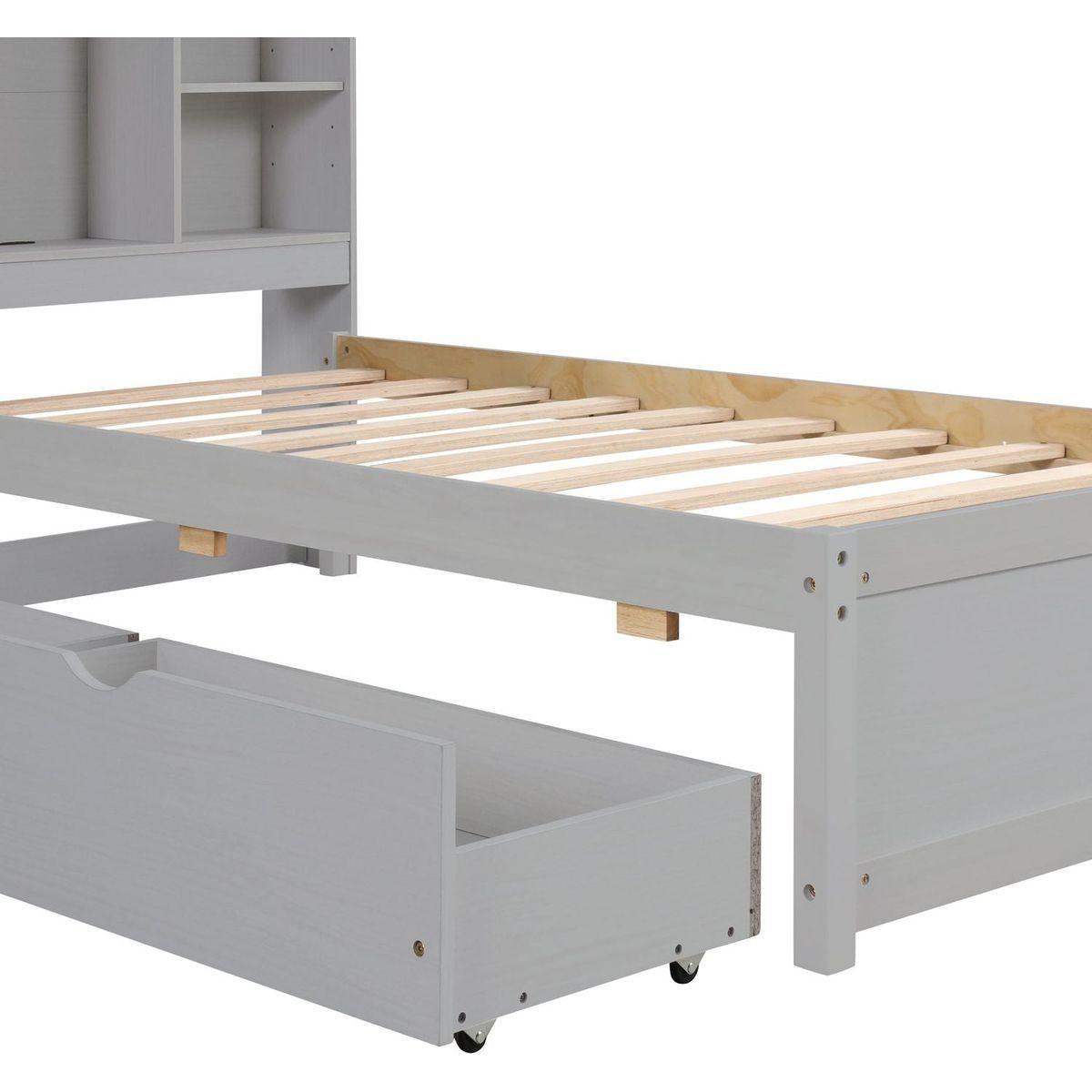 Modern Twin Size Bed Frame With Built-in USB Port on Bookcase Headboard and 2 Drawers for Grey Color