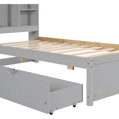 Modern Twin Size Bed Frame With Built-in USB Port on Bookcase Headboard and 2 Drawers for Grey Color