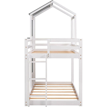 Twin Over Twin Bunk Bed Wood Bed with Roof, Window, Guardrail, Ladder (White)
