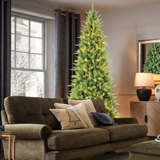 8FT Slim Christmas Tree with 500 Warm White LED Lights – 1612 PE+PVC Tips, Space-Saving Hinged Design, Easy Setup, Sturdy Metal Stand – Realistic Pencil Tree for Small Spaces