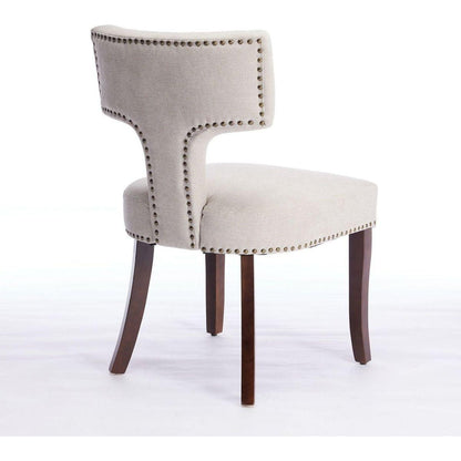 Mid Century Modern Dining Chairs Set of 2, Farmhouse Linen Fabric Upholstered Accent Chair Curved Backrest with Copper Nails around,Kitchen Chairs with Hardwood Frame, Beige