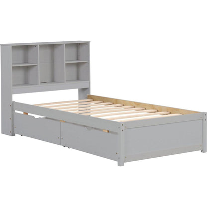 Modern Twin Size Bed Frame With Built-in USB Port on Bookcase Headboard and 2 Drawers for Grey Color
