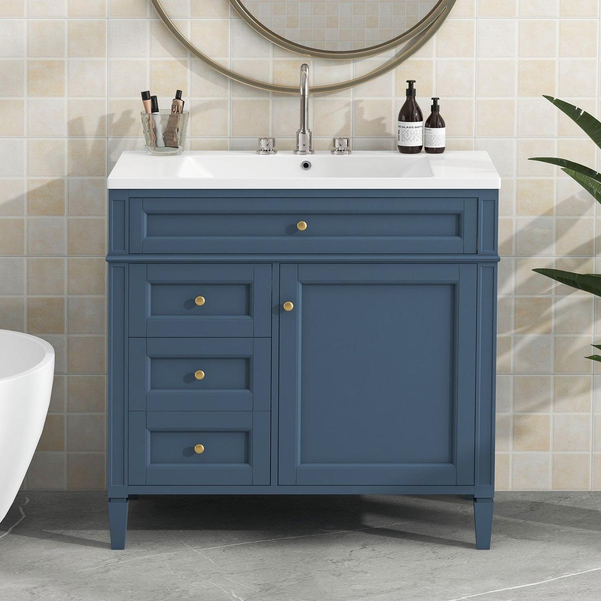 36" Bathroom Vanity with Top Sink, Modern Bathroom Storage Cabinet with 2 Drawers and a Tip-out Drawer, Single Sink Bathroom Vanity