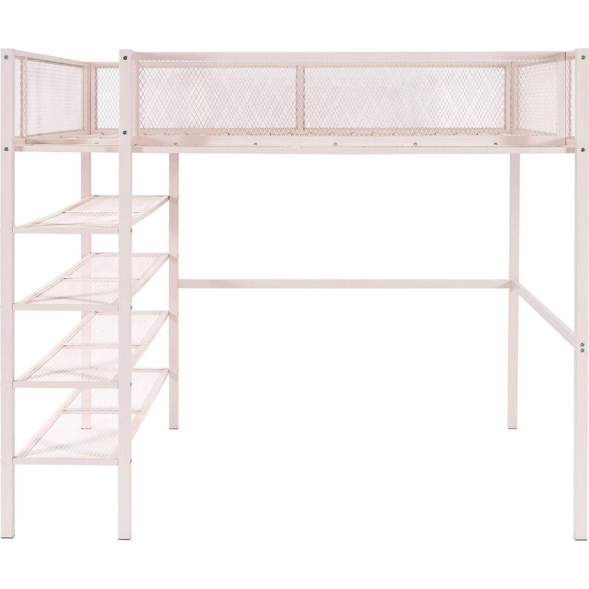 Full Size Metal Loft Bed with 4-Tier Shelves and Storage, Pink