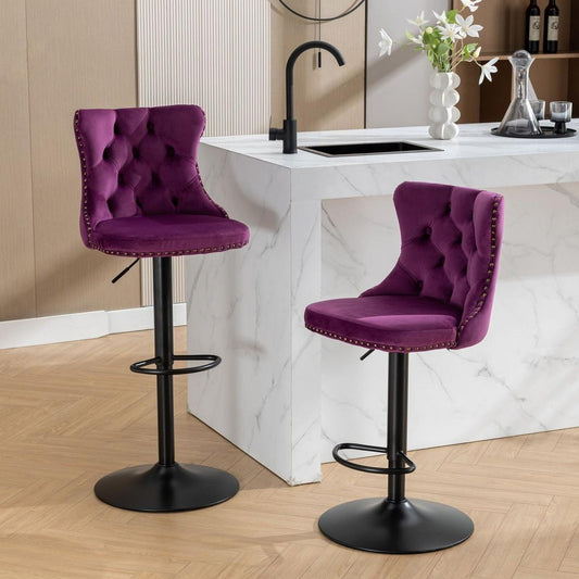 Swivel Velvet Barstools Adjusatble Seat Height from 25-33 Inch,17.7inch base, Modern Upholstered Bar Stools with Backs Comfortable Tufted for Home Pub and Kitchen Island,Purple,Set of 2