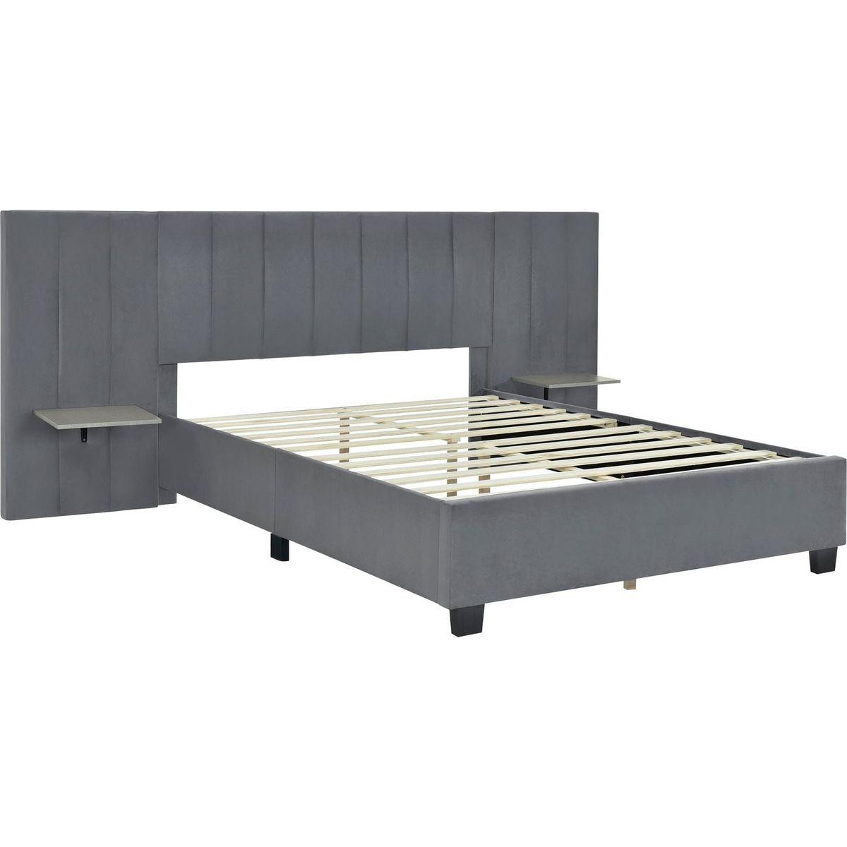 Queen Size Upholstered Platform Bed with Big Headboard, Bedroom Furniture, Velvet, Gray