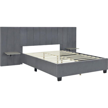 Queen Size Upholstered Platform Bed with Big Headboard, Bedroom Furniture, Velvet, Gray