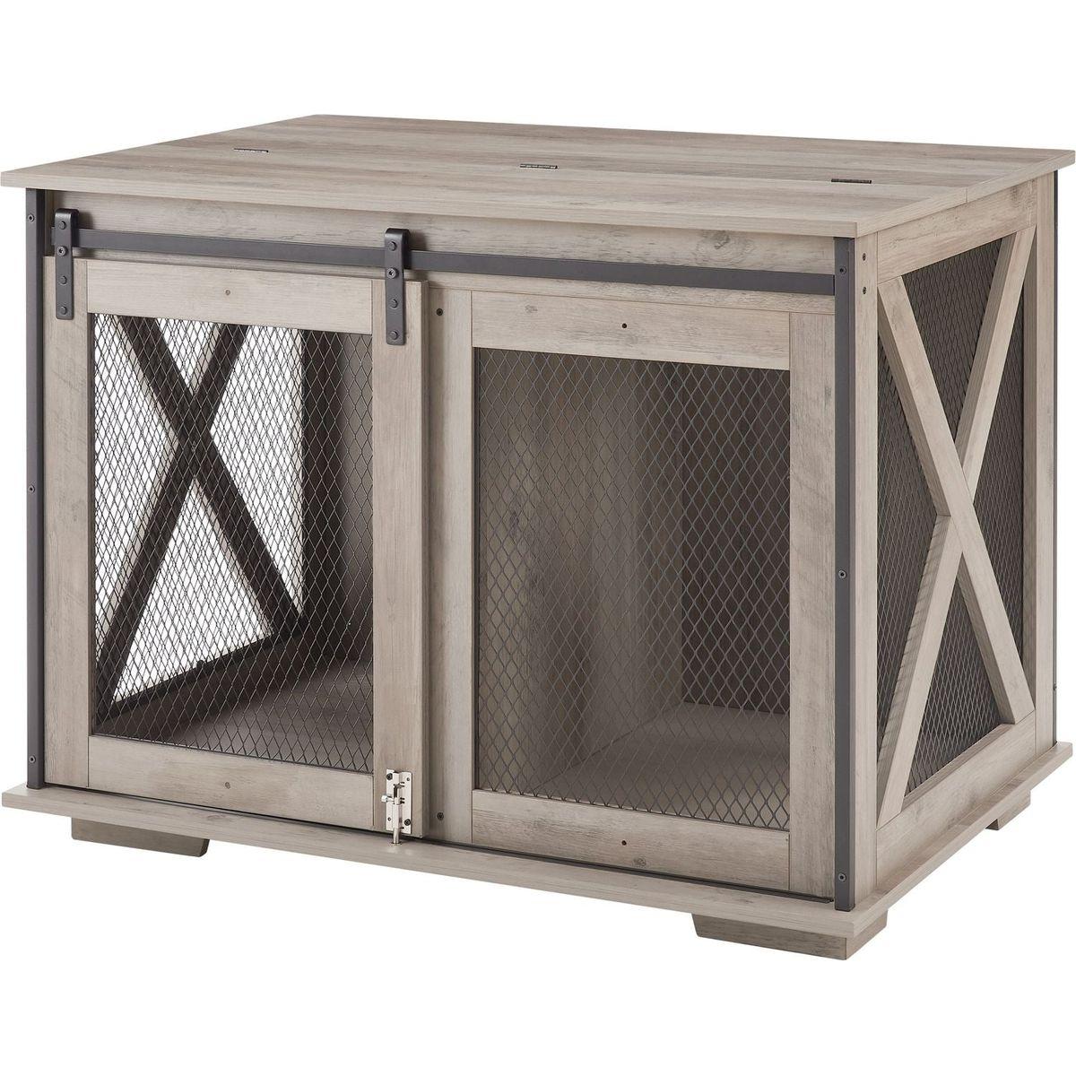 Farmhouse Dog Cage Crate Furniture with Sliding Barn Door, Farmhouse Wooden Dog Kennel End Table with Flip-top Plate Dog House with Detachable Divider for Small/Medium/Large Dog Gray