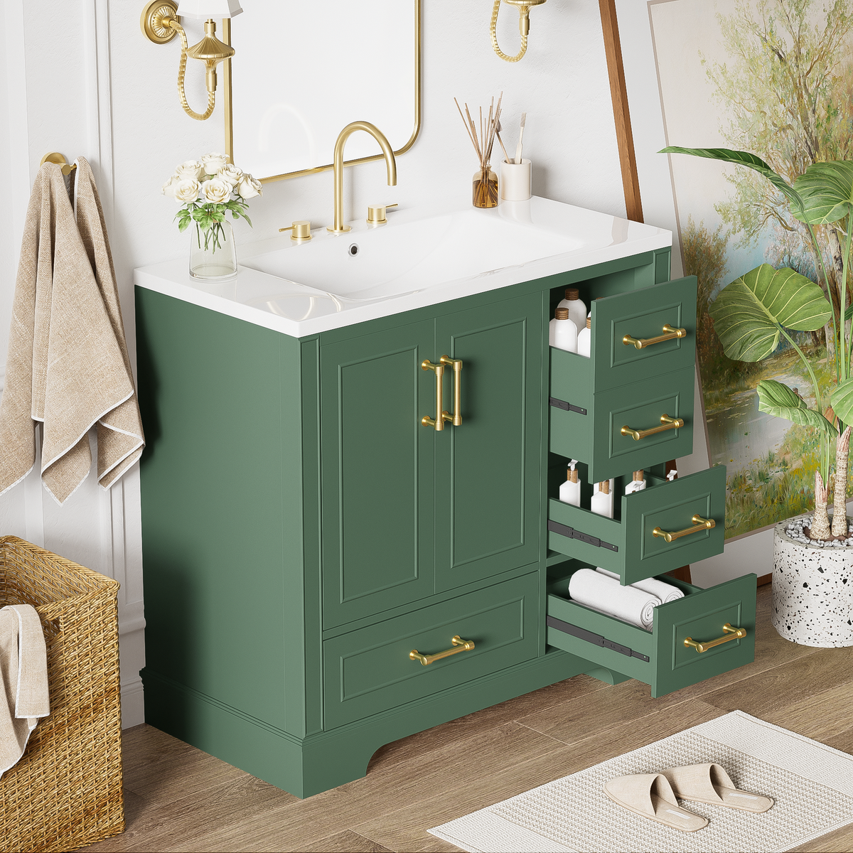 36-inch Traditional Bathroom Vanity with Resin Sink Combo Set, Green Bathroom Cabinet with Two Doors and Four Drawers