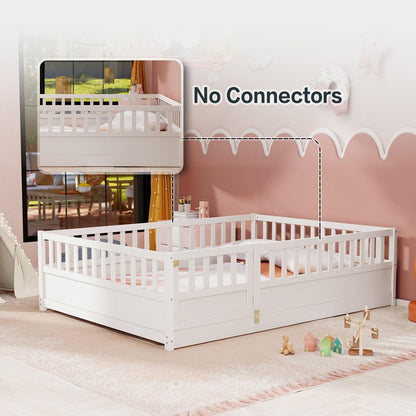 Full size Floor bed, integral construction with super high security barrier, door, children's floor bed frame, Montessori wooden children's floor bed, white - Streamdale Furniture