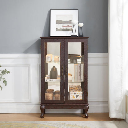 2 Doors Curio Cabinet with Tempered Glass Doors, Curio Cabinets with Mirrored Back Panel and Adjustable Shelves, Lighted Display Cabinet for Home, Office Light Bulb Included Cherry