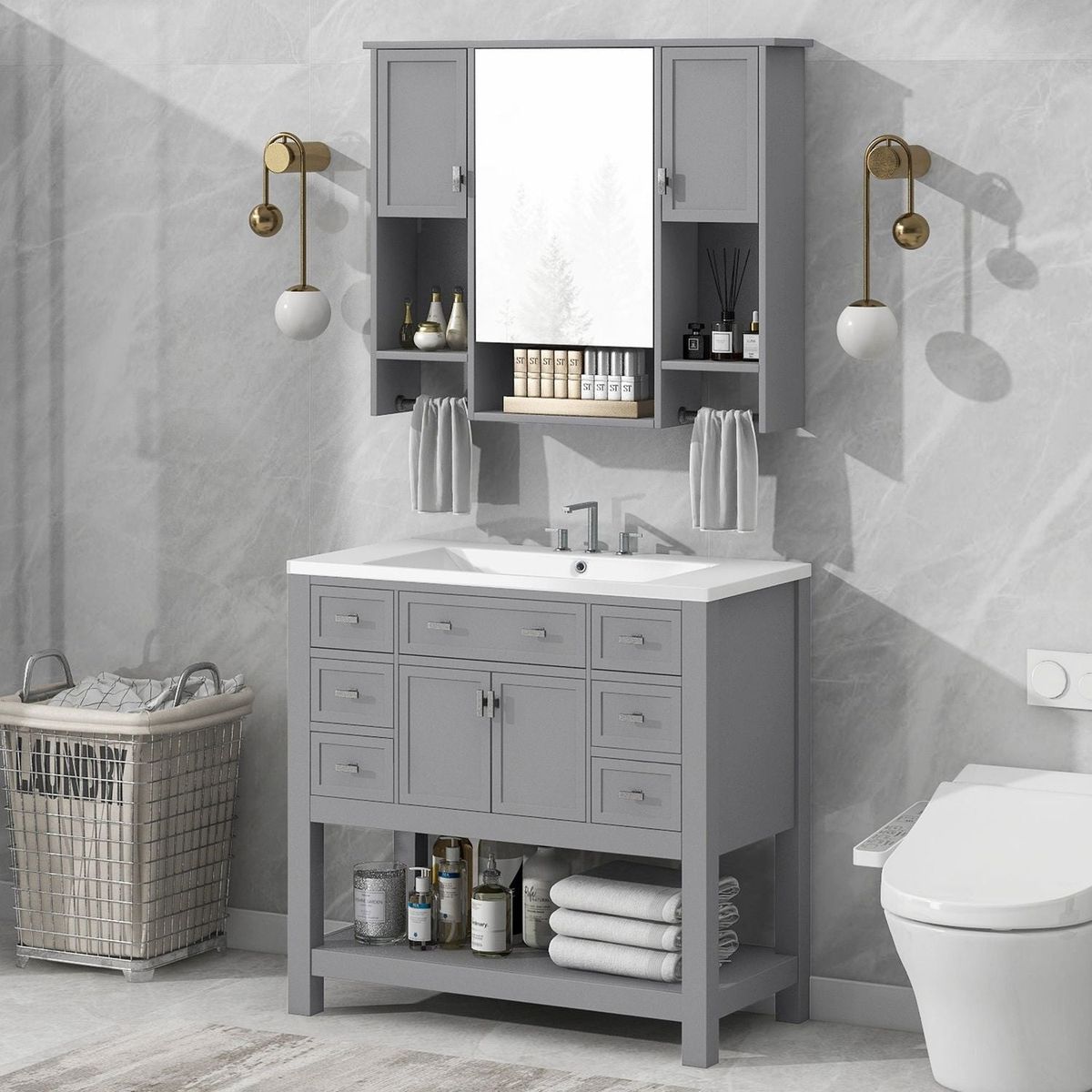 36" Bathroom Vanity with Top Sink, Modern Mirror Cabinet with Towels Bar, Bathroom Storage Cabinet with 2 Soft Closing Doors and 6 Drawers, Single Sink Bathroom Vanity