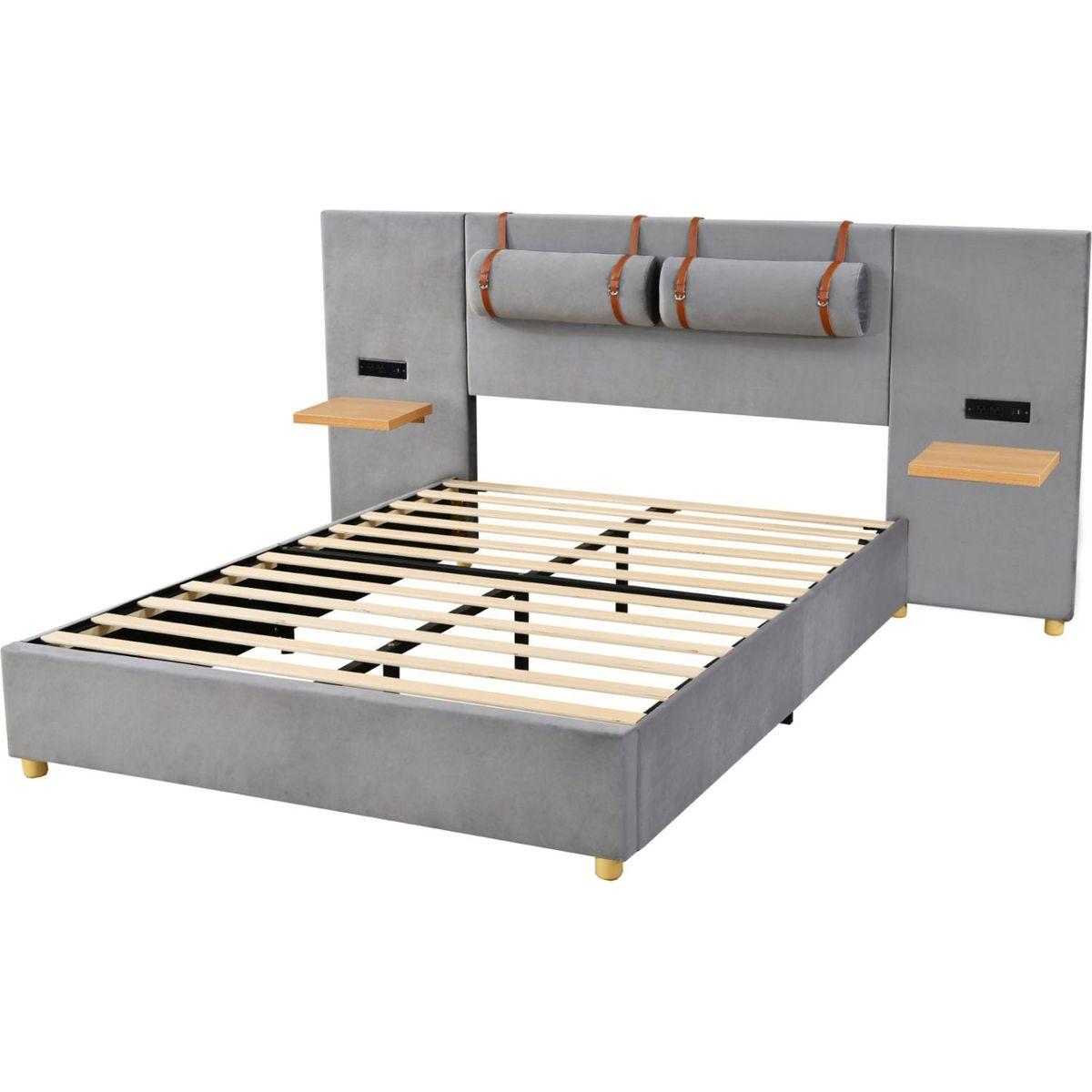 Queen Upholstered Platform Bed, Two Outlets and USB Charging Ports on Both Sides, Two Bedside Pillows, Storage Shelves, Velvet,Gray