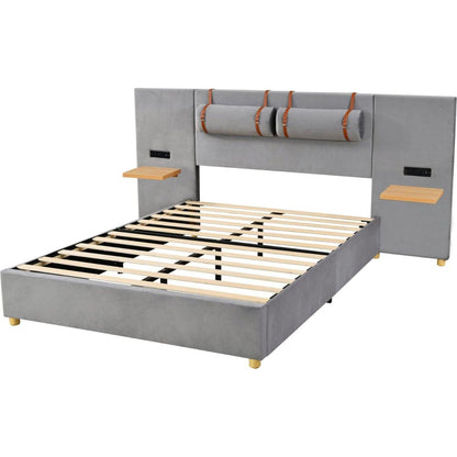 Queen Upholstered Platform Bed, Two Outlets and USB Charging Ports on Both Sides, Two Bedside Pillows, Storage Shelves, Velvet,Gray
