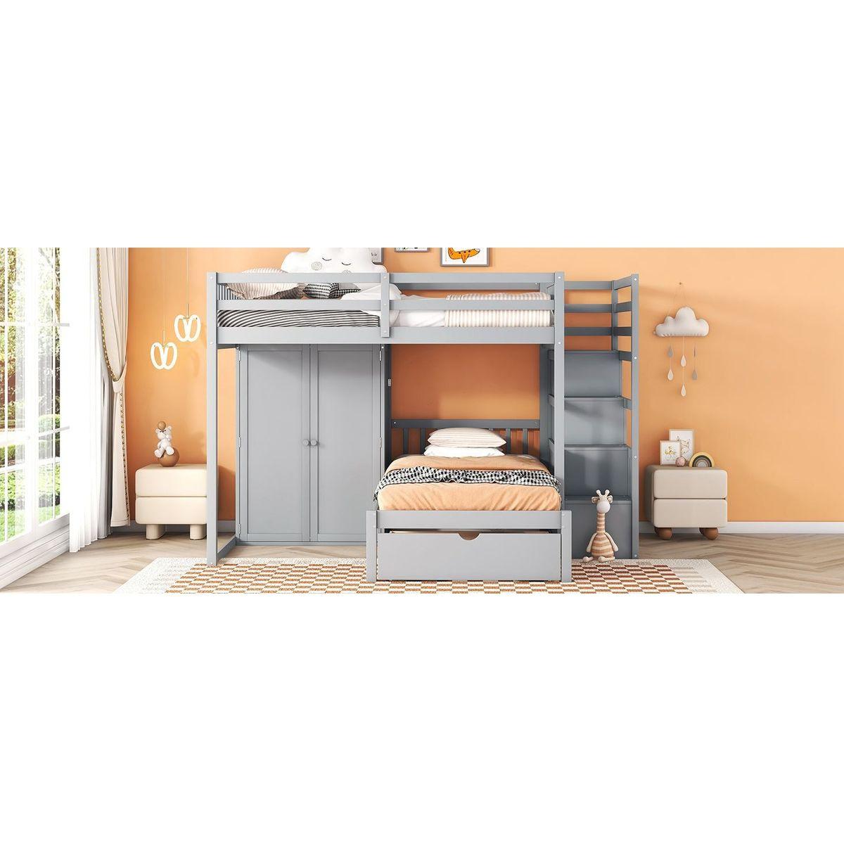 Full Over Twin Bunk Bed with Wardrobe, Drawers, Gray