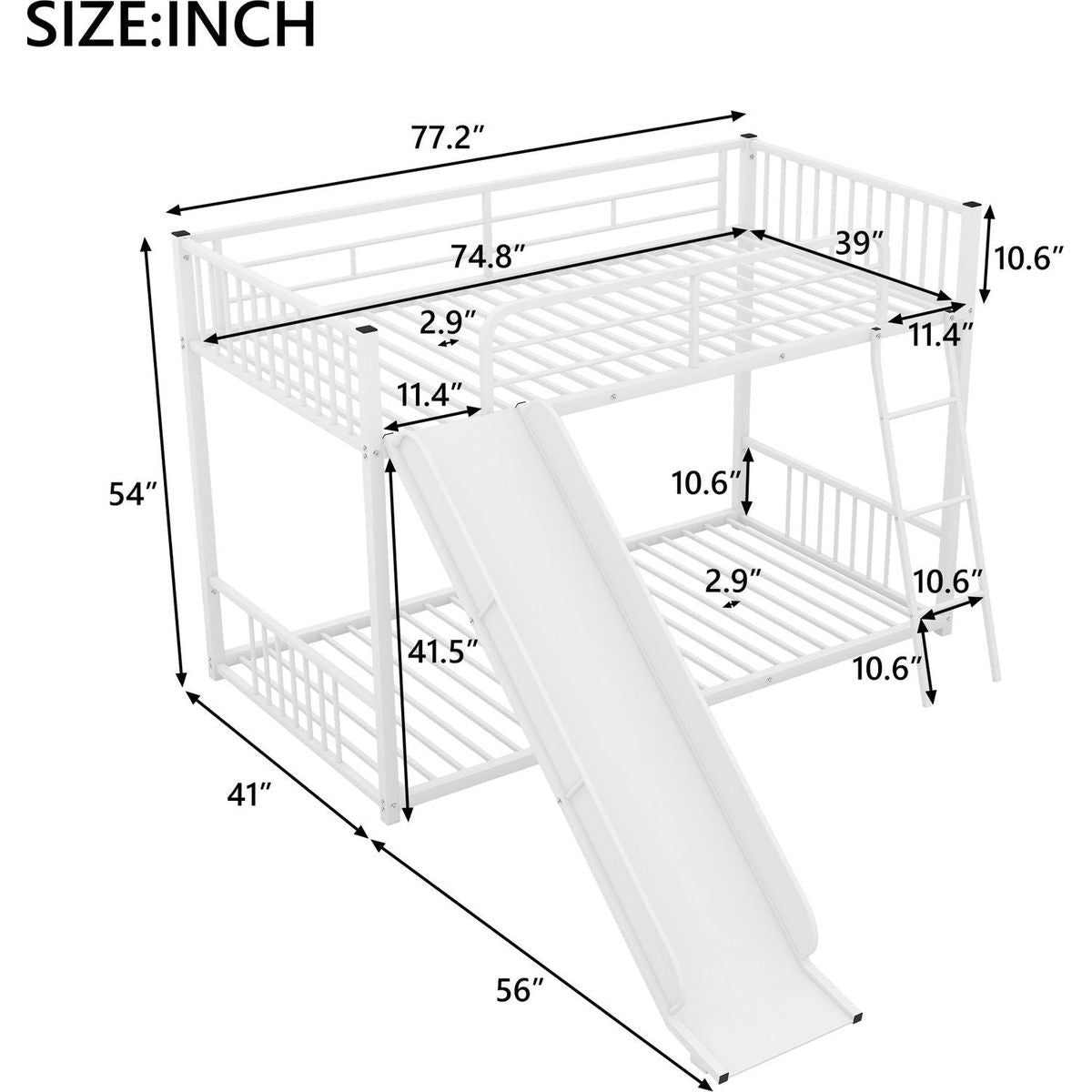Metal Bunk Bed with Slide, Twin over Twin, White