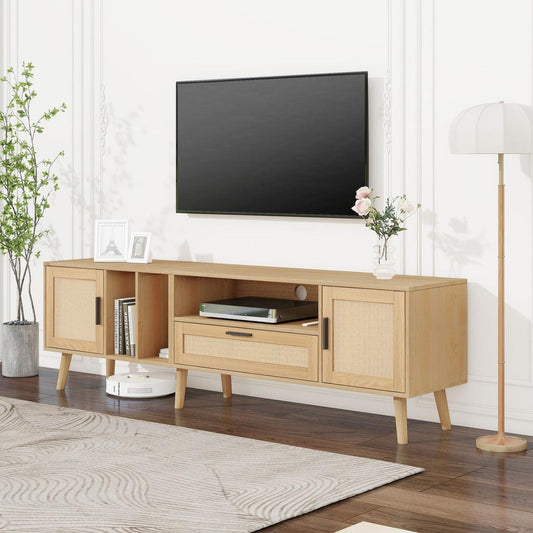 Rattan TV Stand with 2 Cabinets & 2 Open Shelves, Rattan-inspired Media Console Table for TVs up to 80", Entertainment Center with Solid Wood Legs, TV cabinet for Living room, Bedroom, Home Theatre