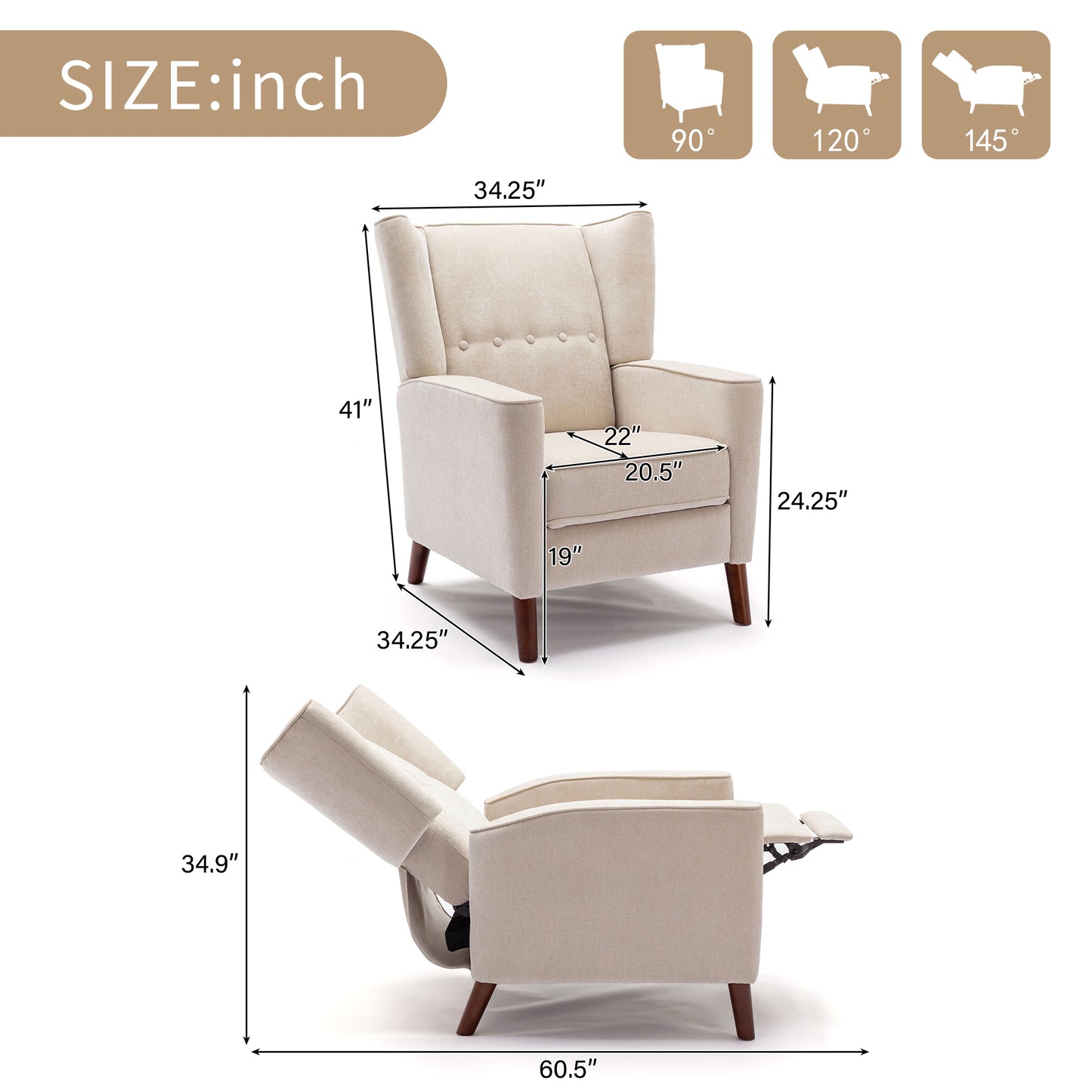 Mid Century Chenille Wingback Recliner Chair, Button Tufted Design Pushback Recliner Chair with Armrest and Solid Wood Legs, for Bedroom Living Room, Tan