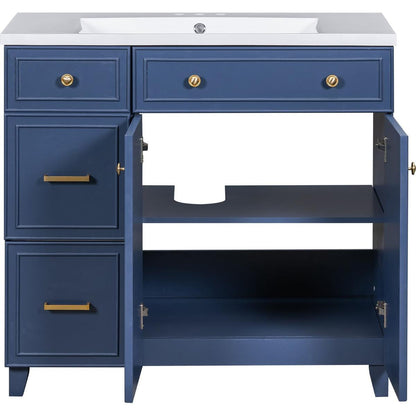 36-inch Bathroom Vanity, Transitional Style Bathroom Cabinet with Resin Sink, Navy Blue Single Bathroom Cabinet, with 2 Drawers and 1 Adjustable Storage Shelf, 2 Soft-close Doors