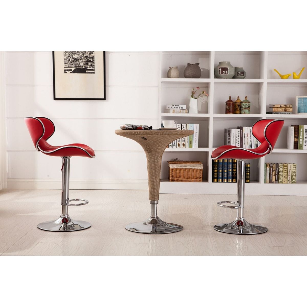 Masaccio Upholstery Airlift Adjustable Swivel Barstool with Chrome Base, Set of 2, Red - Streamdale Furniture