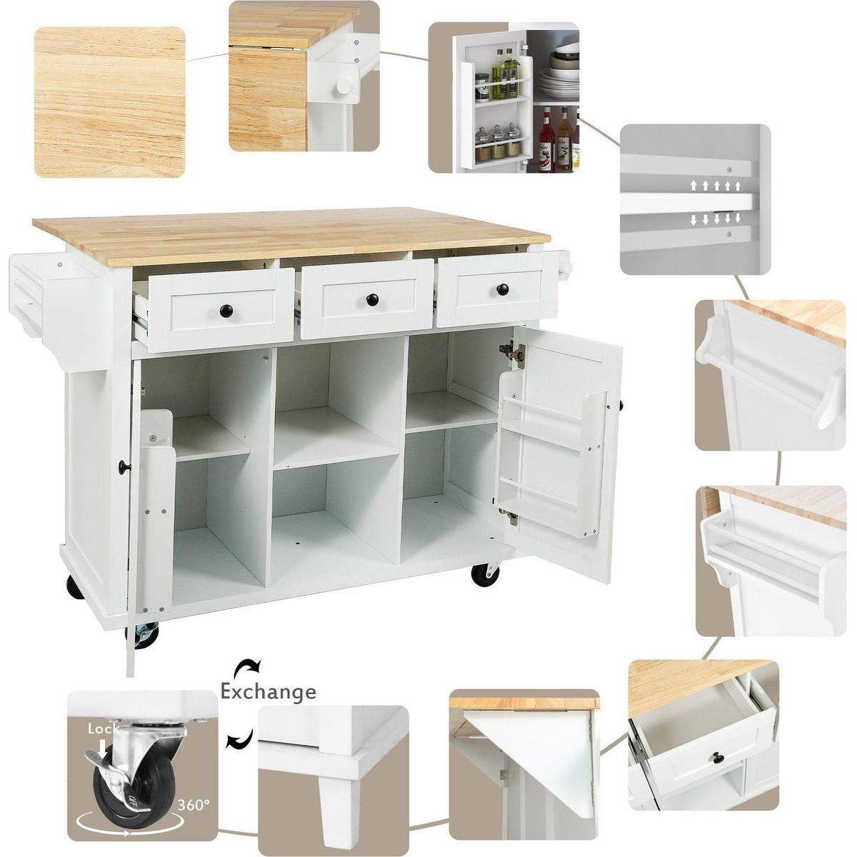 Kitchen Cart with Rubber wood Drop-Leaf Countertop, Cabinet door internal storage racks,Kitchen Island on 5 Wheels with Storage Cabinet and 3 Drawers for Dining Room,White