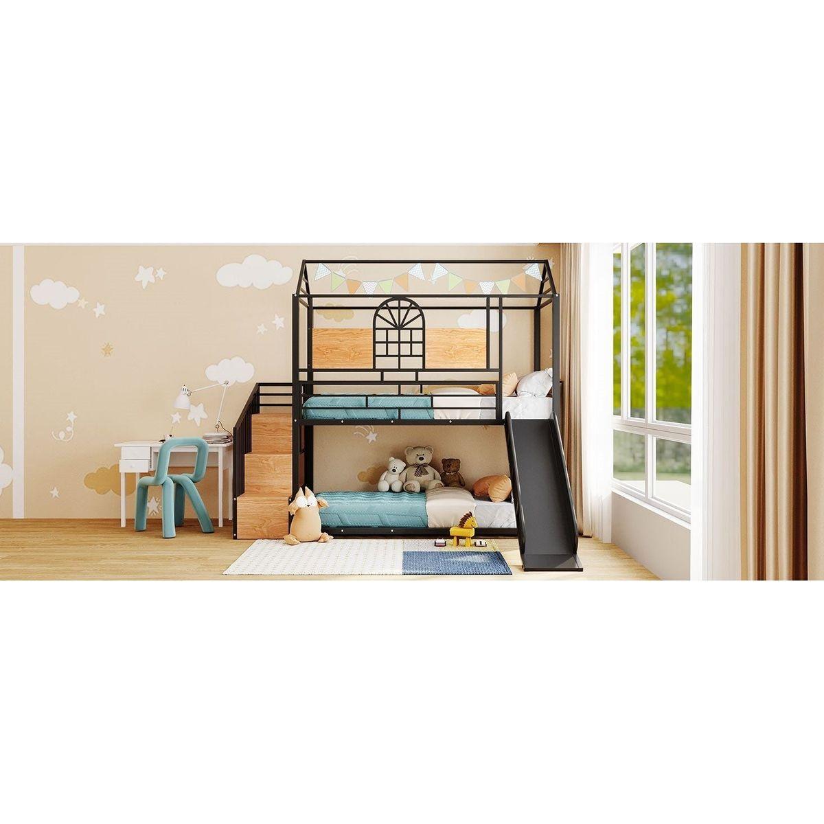 Twin Over Twin Metal Bunk Bed, Metal Housebed with Slide and Storage Stair, Black with Black Slide
