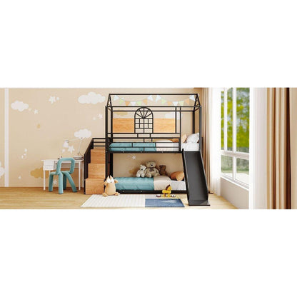 Twin Over Twin Metal Bunk Bed, Metal Housebed with Slide and Storage Stair, Black with Black Slide