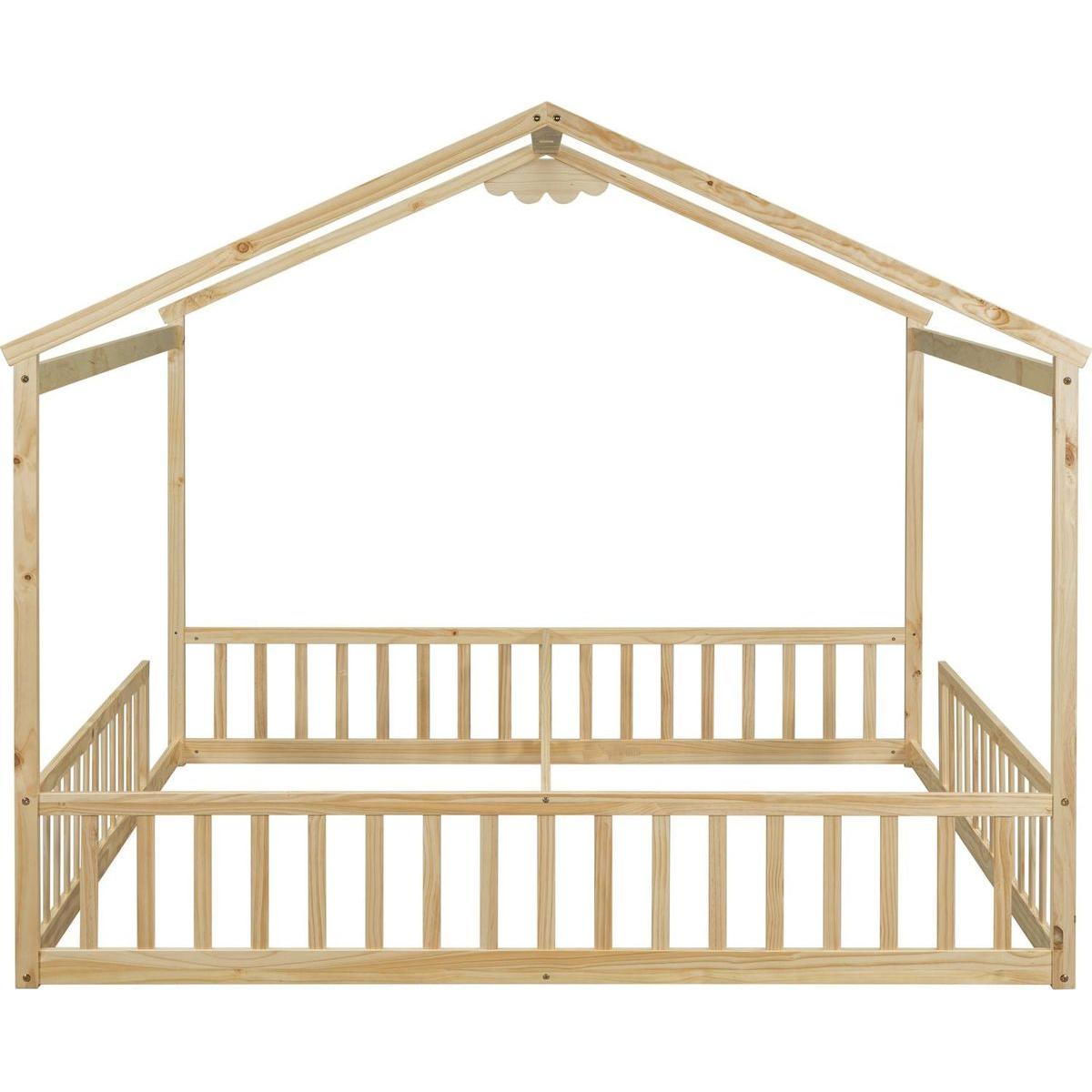 Double Twin House-Style Floor Bed with Fence, Guardrails, without door, Natural