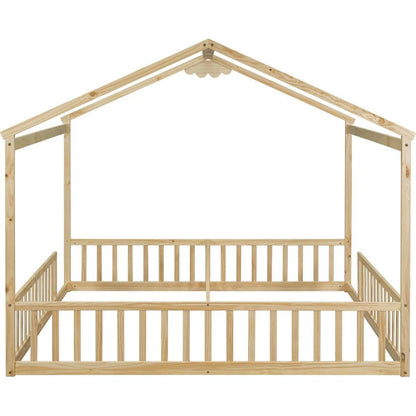 Double Twin House-Style Floor Bed with Fence, Guardrails, without door, Natural