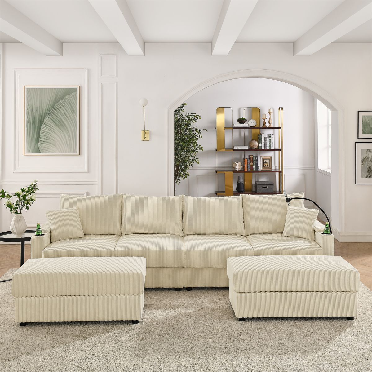 U-Shaped Couch  Modern 4 seats Sofa Chair with Storage, with 2 Ottomans, Deep Seat Sofa with Cup Holders & Phone Holder , Beige Corduroy Couch for Living Room