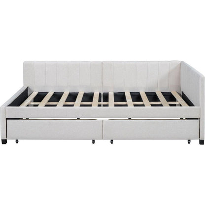 Full Size Upholstered Daybed with 2 Storage Drawers Sofa Bed Frame No Box Spring Needed, Linen Fabric (Beige)