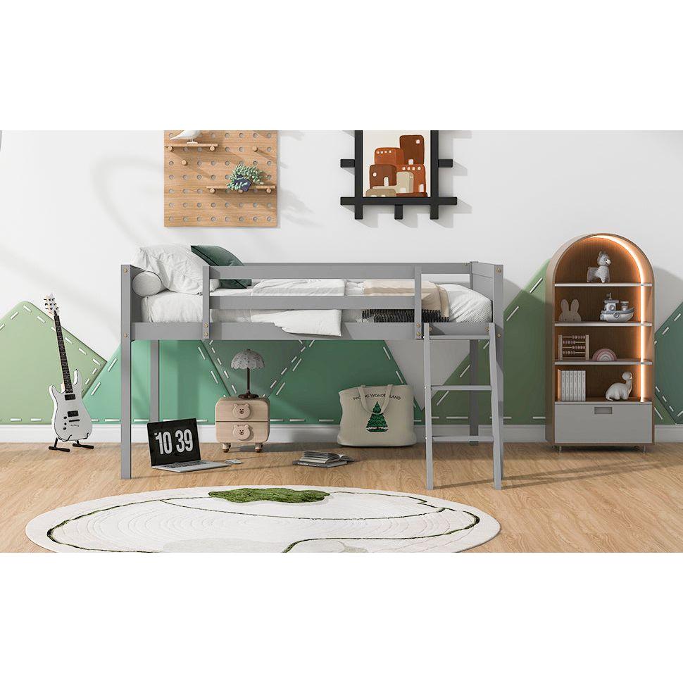 Full Size Wood Low Loft Bed with Ladder, ladder can be placed on the left or right, Gray