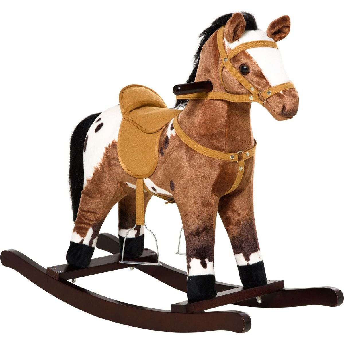 Qaba Kids Metal Plush Ride-On Rocking Horse Chair Toy With Realistic Sounds - Dark Brown/White