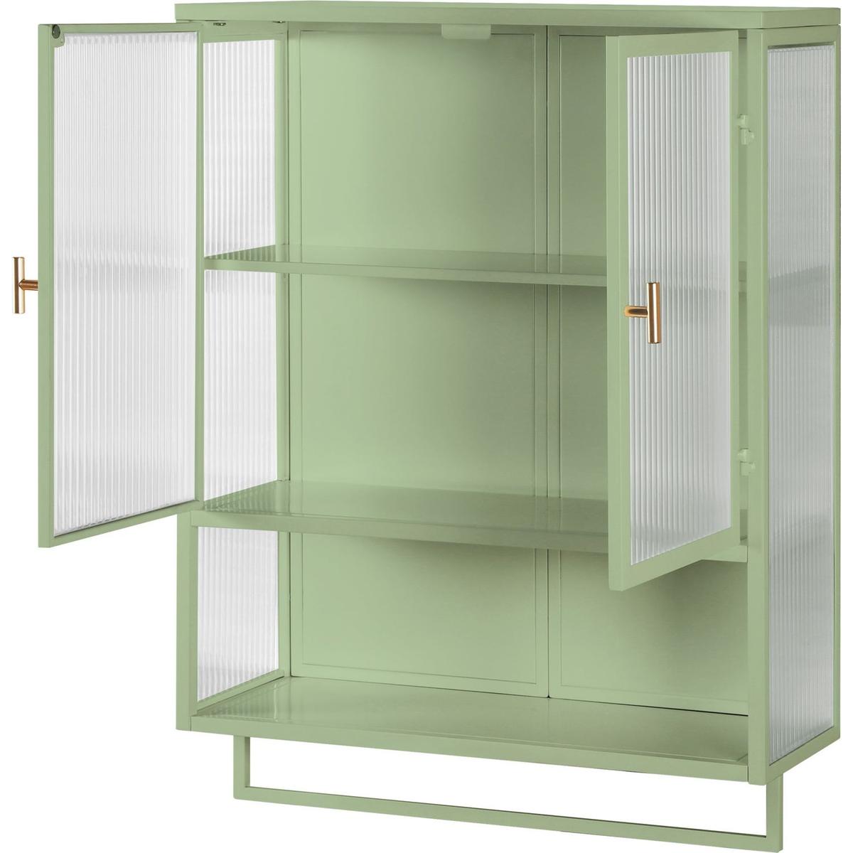 23.62"Glass Doors Modern Two-door Wall Cabinet with Featuring Two-tier Enclosed Storage, an Open Shelf, and Towel Rack, for Entryway Living Room Bathroom Dining Room,Green