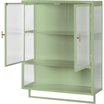 23.62"Glass Doors Modern Two-door Wall Cabinet with Featuring Two-tier Enclosed Storage, an Open Shelf, and Towel Rack, for Entryway Living Room Bathroom Dining Room,Green