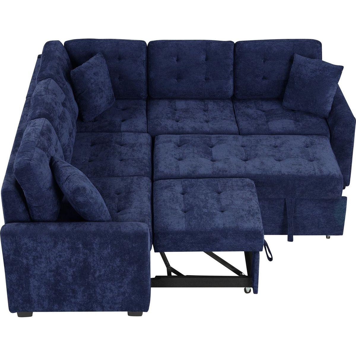 82.6" L-shape Sofa Bed Pull-out Sleeper Sofa with Wheels, USB Ports, Power Sockets for Living Room, Navy Blue