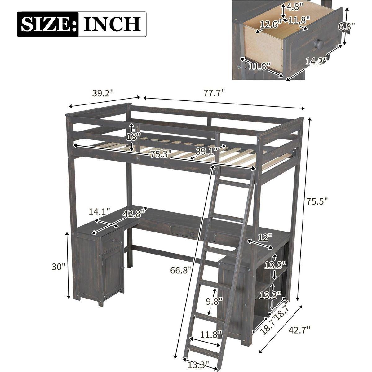 Twin Size Loft Bed with U-shaped Desk, Drawers and Storage Shelves, Antique Brown