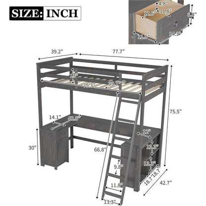 Twin Size Loft Bed with U-shaped Desk, Drawers and Storage Shelves, Antique Brown