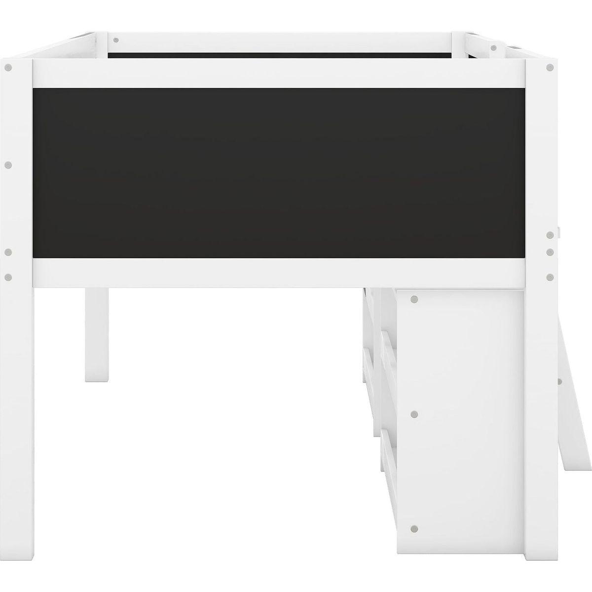 Twin Size Low Loft Bed with Two Movable Shelves and Ladder,with Decorative Guardrail Chalkboard,White