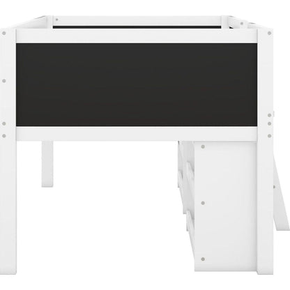 Twin Size Low Loft Bed with Two Movable Shelves and Ladder,with Decorative Guardrail Chalkboard,White
