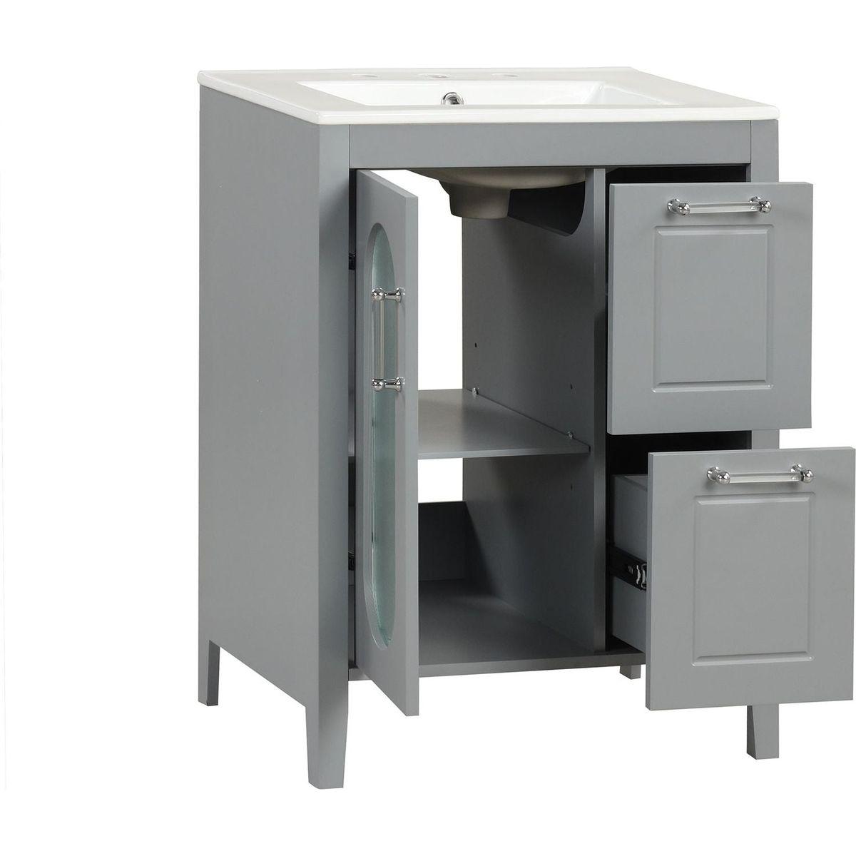 24" Bathroom Vanity with Sink, Bathroom Vanity Cabinet with Two Drawers and Door, Adjustable Shelf, Solid Wood and MDF, Grey