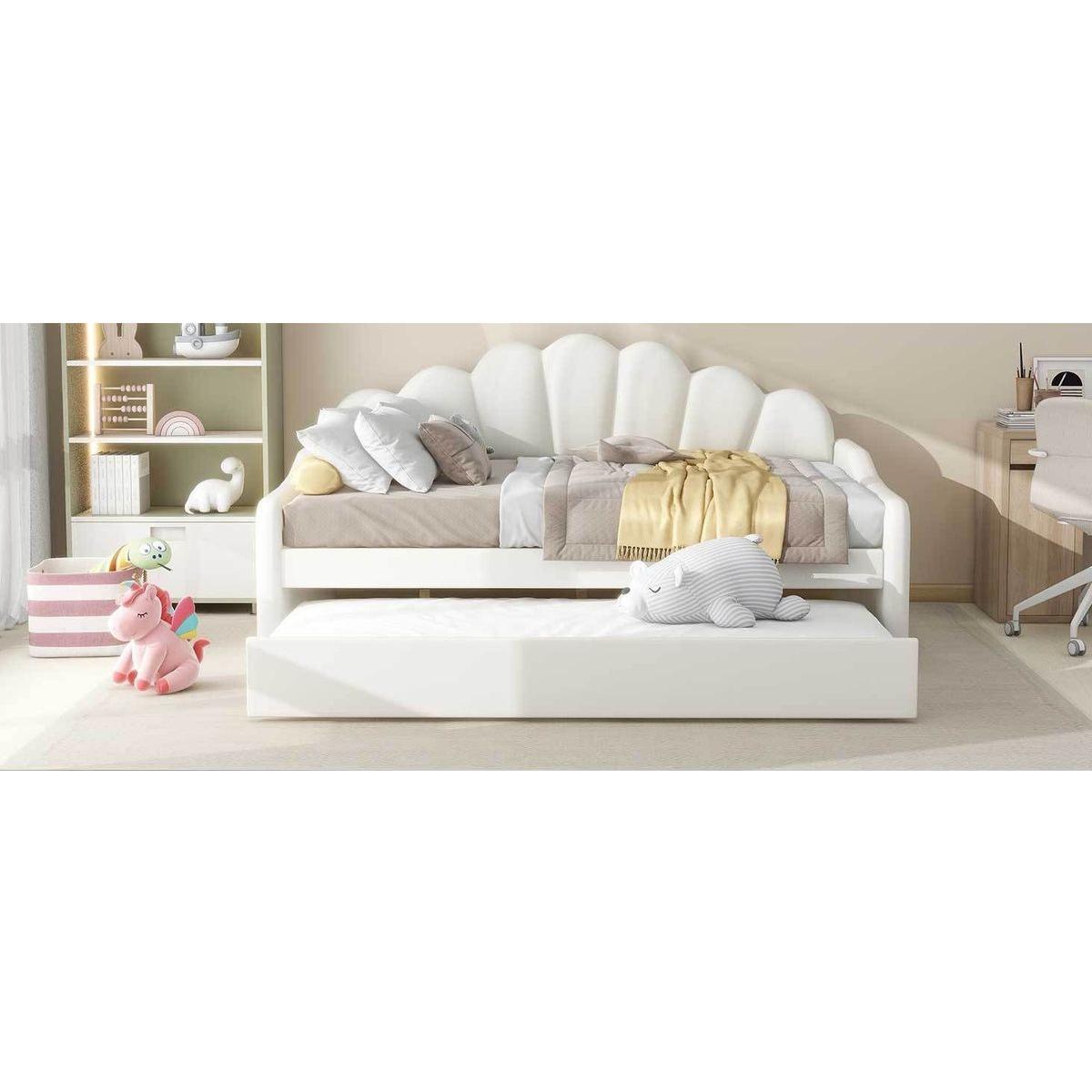 Full Size Upholstery Daybed Frame with Shall Shaped Backrest and Trundle,Beige